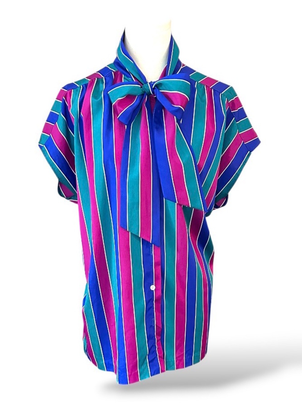 MS RUSS Vintage Striped Bow Blouse in Teal Violet Royal Blue women’s size L (H5)